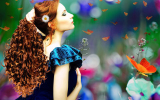 Red haired woman butterfly field - gothic free wallpaper for desktop