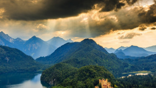 Castle mountain lake sunset landscape - a sunbeam free wallpaper