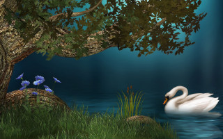 White swan pond tree flowers - matte fantasy painting free wallpaper