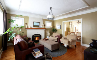Living room fireplace couch chair 6 - open ceiling free wallpaper