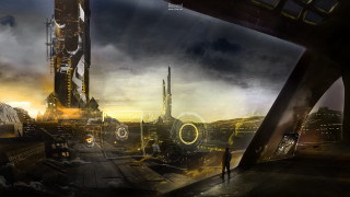 Futuristic city night man yellow - matte painting concept art free wallpaper