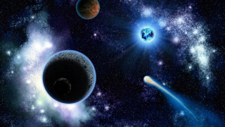 Planets blue starry sky space - a blue light in the middle of the image free wallpaper