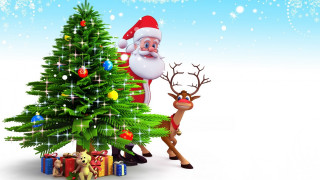 Santa reindeer christmas tree presents 2 - naive art free wallpaper for desktop