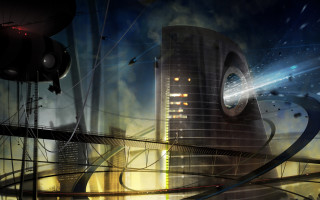 Futuristic city clock tower bridge - a futuristic city free wallpaper
