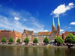 City river church steeple blue - a matte painting free wallpaper