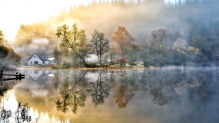 Lake house trees fog sunset - a house and trees free wallpaper