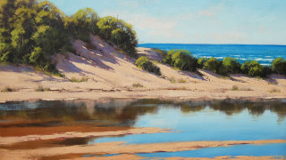 Beach trees water blue sky - detailed oil painting free wallpaper