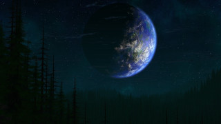 Sky planet trees stars moon - space art free wallpaper