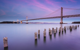 Bridge water poles mountain sunset - a few pole free wallpaper