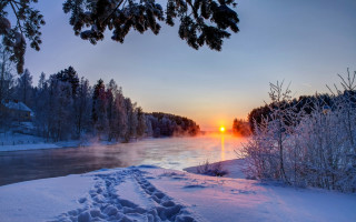River sunset snow trees water - the foreground and a body of water free wallpaper