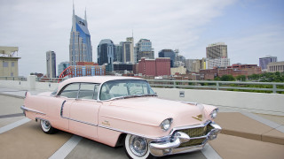 Pink car bridge dusk city - color scheme free wallpaper