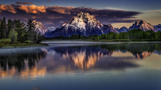 Mountain reflection sunset clouds trees 4 - a colorful sky free wallpaper