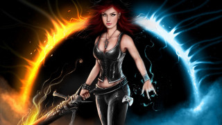 Fantasy woman sword fire moon - dark fantasy art free wallpaper
