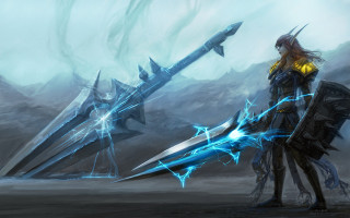 Woman sword blue object desert - fantasy art free wallpaper