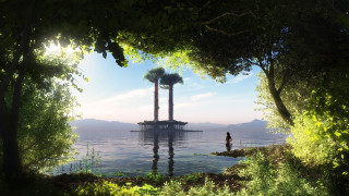 Water tree lake sunset forest - matte painting concept art free wallpaper