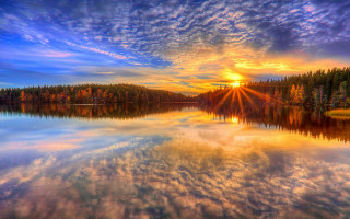 Sunset lake trees clouds crepuscular - crepuscular ray free wallpaper