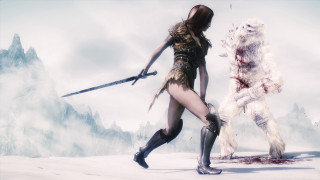 Woman sword bear snowy mountains - a sword next free wallpaper
