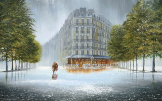 Rainy cityscape cafe architecture portrait - impressionist painting free wallpaper