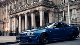 Blue car building columns clock - fine art free wallpaper