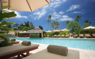 Large pool umbrellas lounge chairs - a large pool free wallpaper