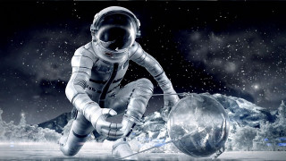 Space suit floating water planet - free space wallpaper