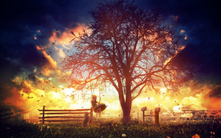 Fire bench under tree autumn - photorealistic imagery free wallpaper for desktop