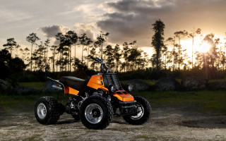 Orange fourwheeler dirtroad sunset forest - product photo free wallpaper