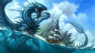 Dragon attack ship ocean background - dragon art free wallpaper