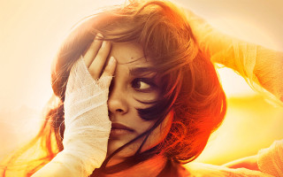 Bandaged woman yellow background cinematic 2 - a yellow light free wallpaper