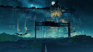 City night fullmoon bat astronaut - a painting of a city free wallpaper