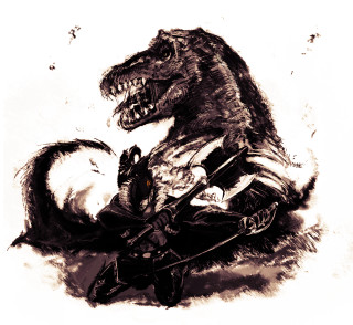 Dinosaur attacking man horse sword - his hand and a helmet free wallpaper
