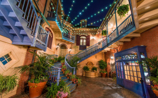 Enchanted cityscape blue door stairs - impressionist free wallpaper