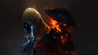 Fire hooded swordsman aurora embers - bastien l. deharme free wallpaper