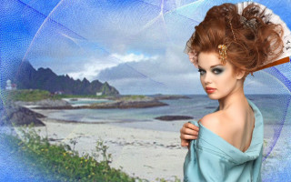 Blue dress umbrella beach fantasy - a picture of a beach free wallpaper