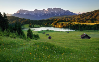 Grassy lake mountains trees flowers - a few house free wallpaper