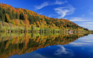 Lake trees house blue sky - impressionist free wallpaper