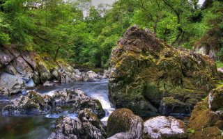 Lush river rock forest waterfall - bedwyr williams free wallpaper