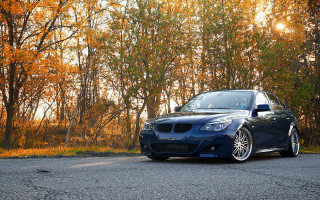 Blue car autumn leaves fireworks - orange leaf free wallpaper