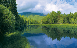 Lake mountains trees clouds blue 3 - a matte painting free wallpaper for desktop