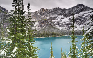 Mountain lake forest snowy sky 4 - covered mountain free wallpaper
