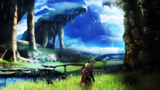 Man red backpack forest lake - game art free wallpaper