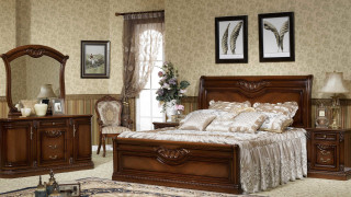 Bedroom bed dresser mirror chair - the floor and a rug free wallpaper