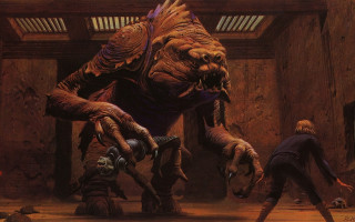 Giant creature with people drew - his hands out free wallpaper