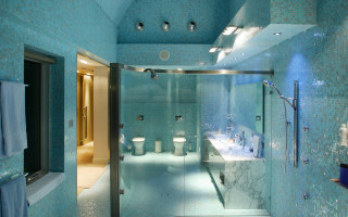 Bathroom glass shower blue tiles - a bathroom free wallpaper