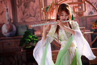 Woman green white dress flute - cosplay free wallpaper