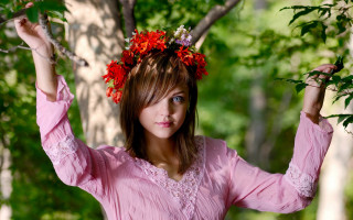 Pink dress woman flower branch - red flower free wallpaper