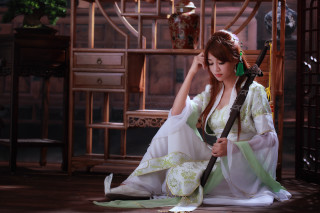 Woman white green dress chair - a green ribbon free wallpaper