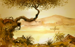 Tree boat lake mountains person - modern free wallpaper