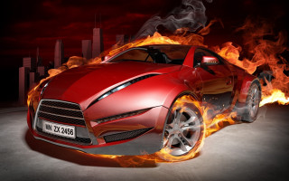 Red flames sports car city - skyscraper free wallpaper