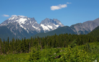 Mountain range trees clouds blue 3 - free forest wallpaper